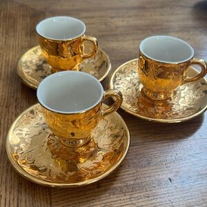 22k Gold Espresso Cup and Saucer over bone china - Set of 3 | Made in USA VTG